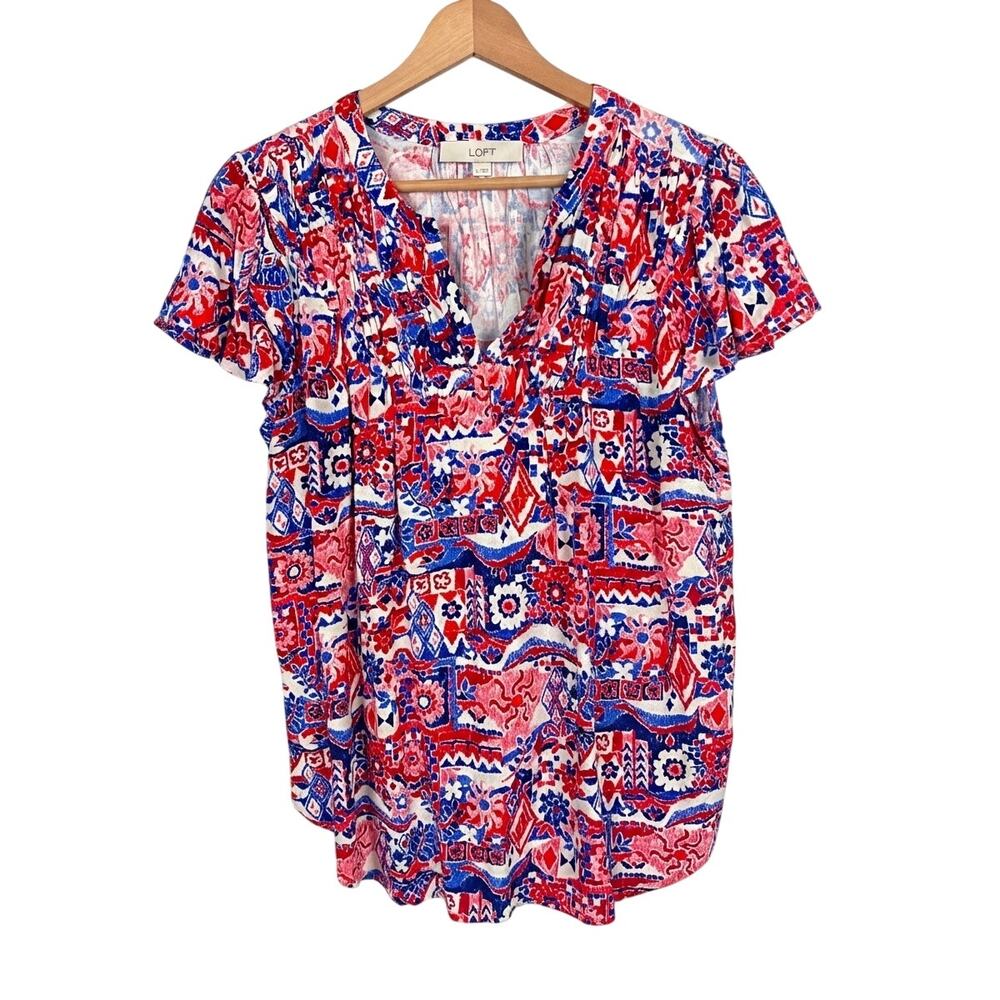 LOFT Womens S Patriotic Americana Boho Summer Flutter Sleeve Pleated Blouse Top‎